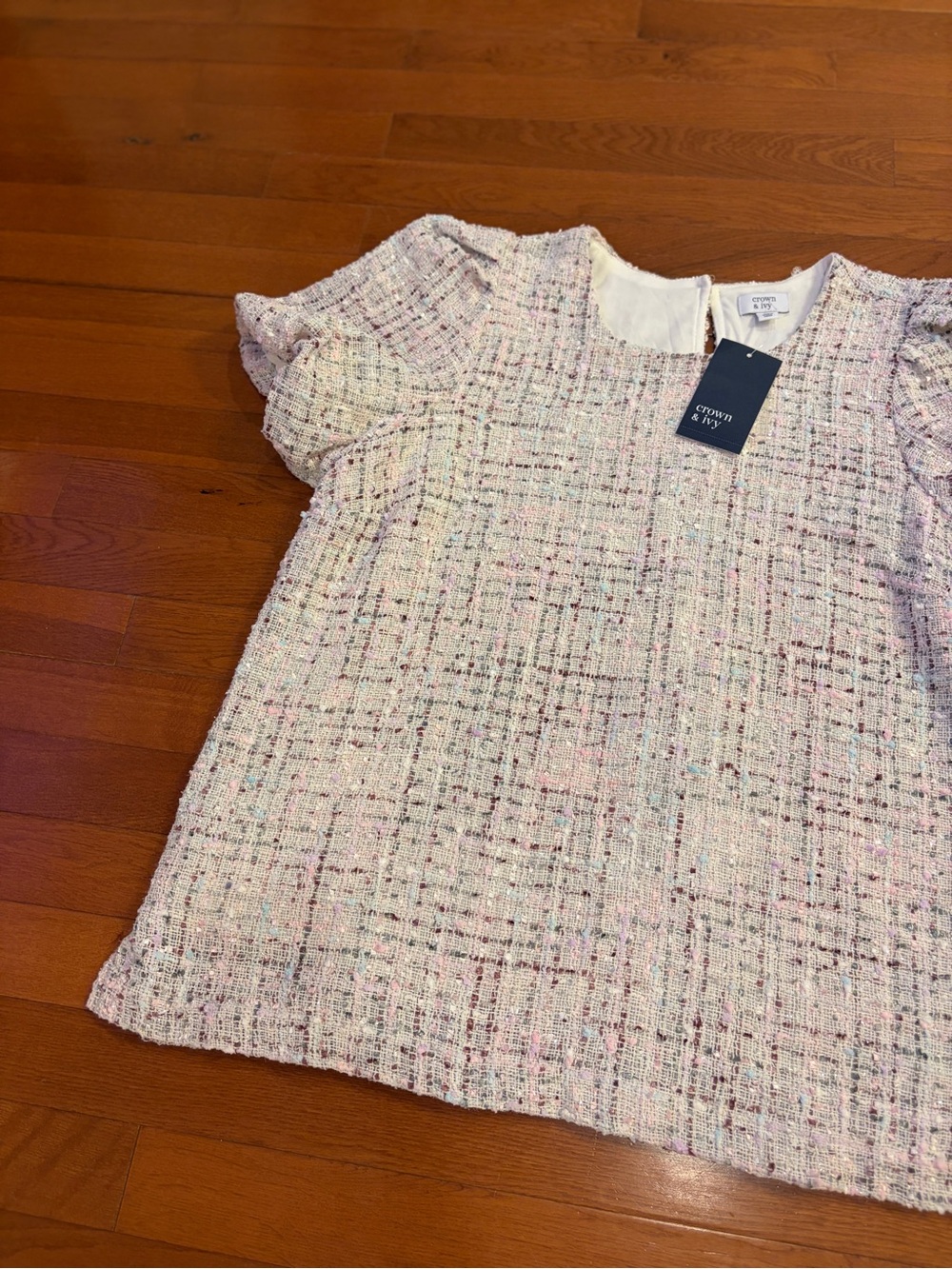 Crown & Ivy | Pink Tweed Puff-Sleeve Top NWT